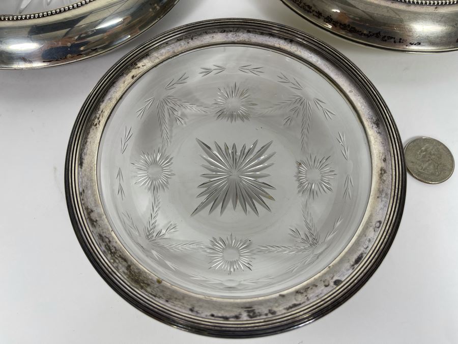 Set Of Three Sterling Silver Rim Etched Glass Coasters [Photo 5]