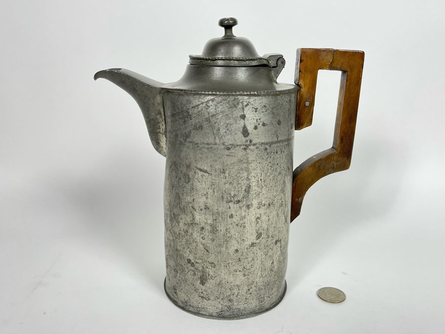 Antique 1853 Handmade Pewter Coffee Pot Signed C. Hageman 1853 Handle Has Been Repaired 9H [Photo 2]
