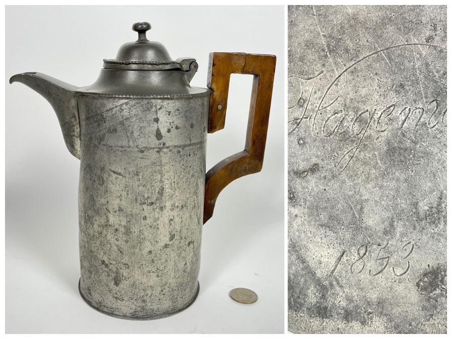 Antique 1853 Handmade Pewter Coffee Pot Signed C. Hageman 1853 Handle Has Been Repaired 9H