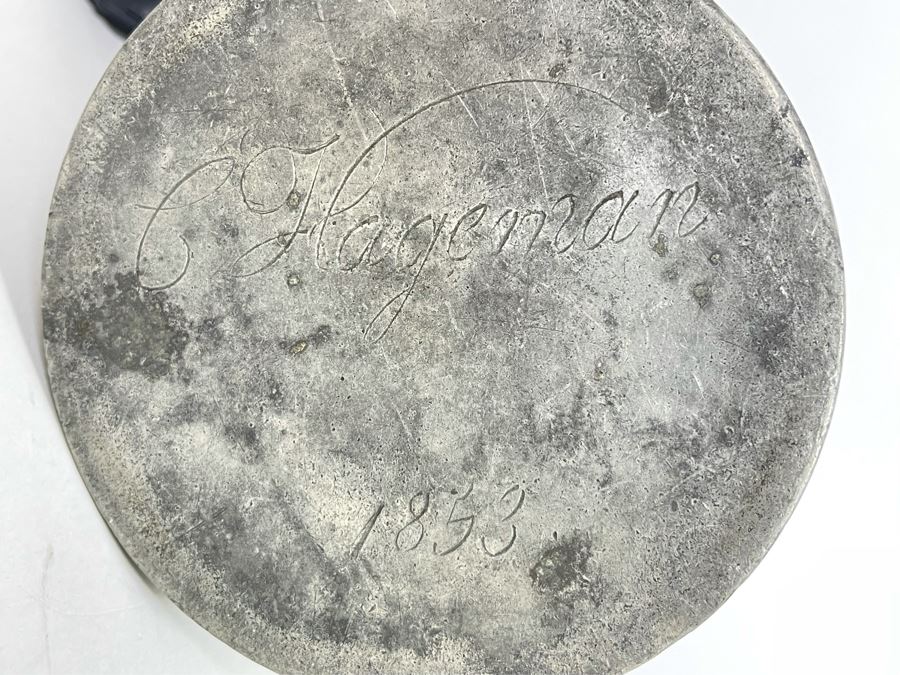 Antique 1853 Handmade Pewter Coffee Pot Signed C. Hageman 1853 Handle Has Been Repaired 9H [Photo 9]