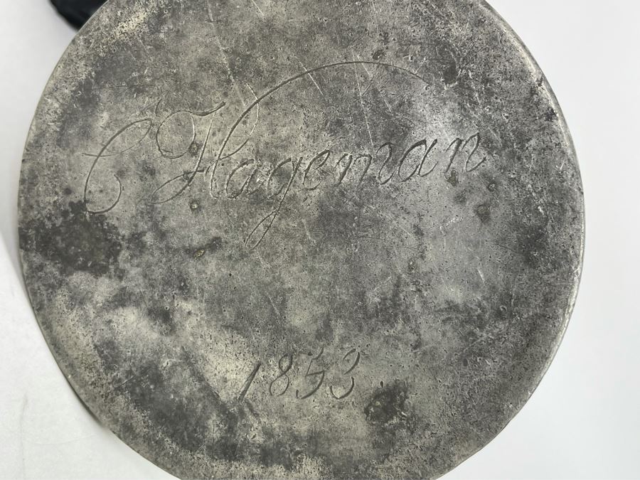 Antique 1853 Handmade Pewter Coffee Pot Signed C. Hageman 1853 Handle Has Been Repaired 9H [Photo 8]