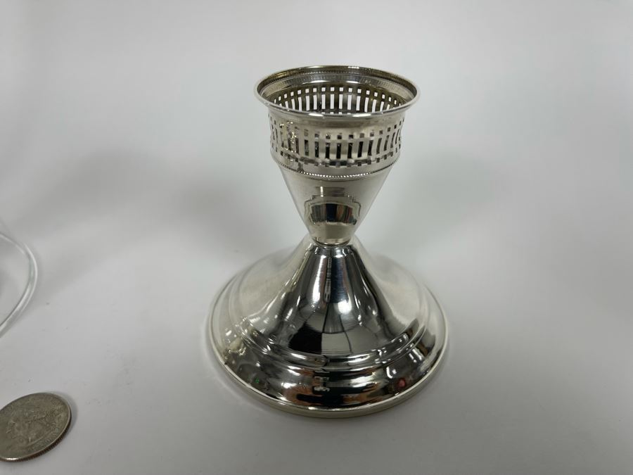 Pair Of Sterling Silver Weighted Candle Holders With Glass Hurricanes Shades 11.5H [Photo 3]