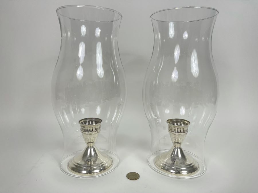 Pair Of Sterling Silver Weighted Candle Holders With Glass Hurricanes Shades 11.5H [Photo 2]