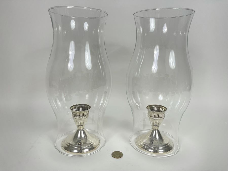 Pair Of Sterling Silver Weighted Candle Holders With Glass Hurricanes Shades 11.5H