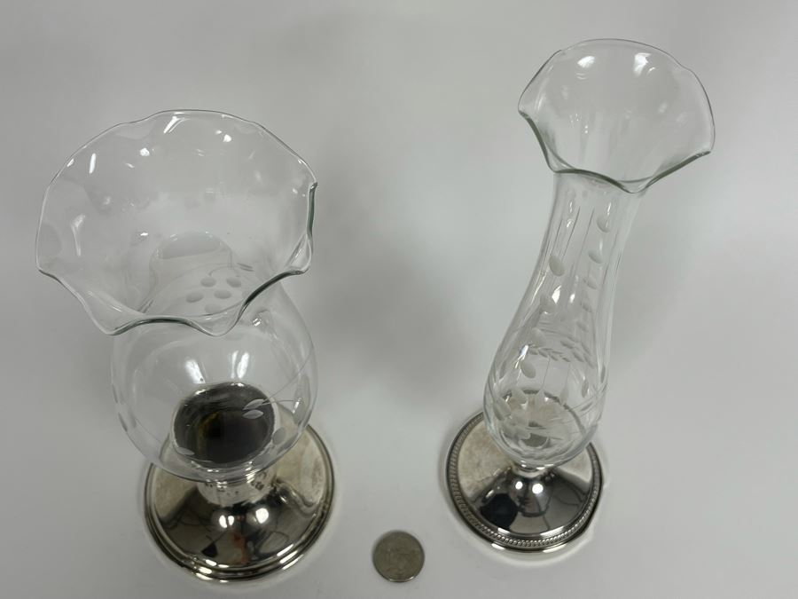 Sterling Silver Weighted Candle Holder With Glass Hurricane Shade 9H And Sterling Silver Weighted Etched Glass Vase 11H [Photo 6]