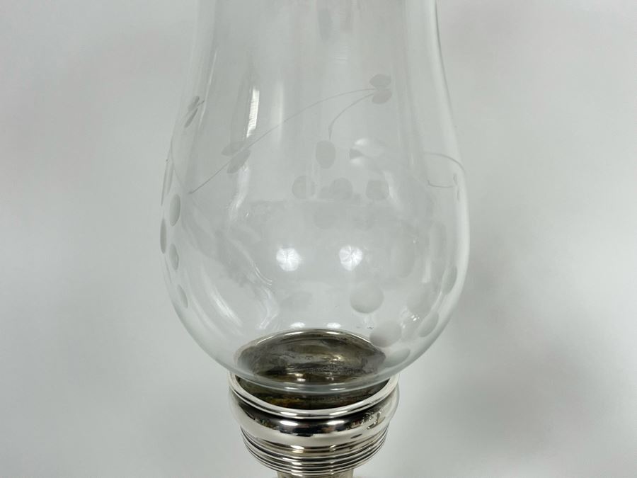 Sterling Silver Weighted Candle Holder With Glass Hurricane Shade 9H And Sterling Silver Weighted Etched Glass Vase 11H [Photo 5]