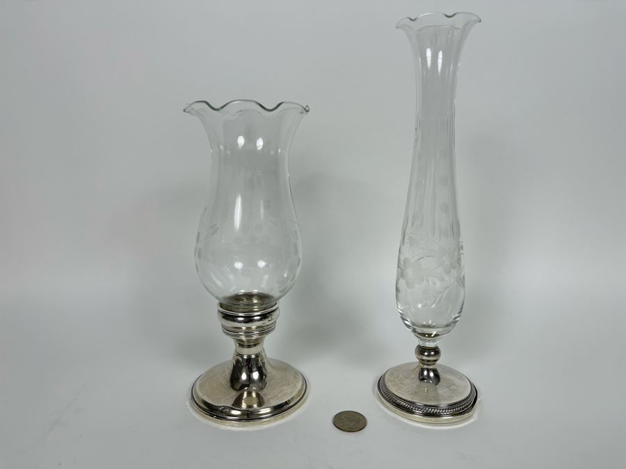 Sterling Silver Weighted Candle Holder With Glass Hurricane Shade 9H And Sterling Silver Weighted Etched Glass Vase 11H [Photo 2]