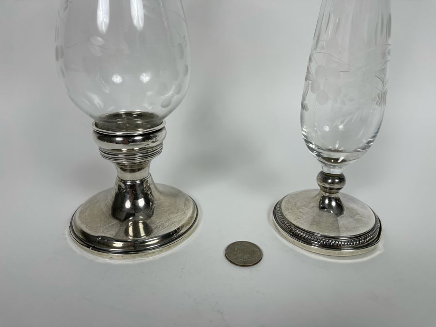 Sterling Silver Weighted Candle Holder With Glass Hurricane Shade 9H And Sterling Silver Weighted Etched Glass Vase 11H [Photo 3]