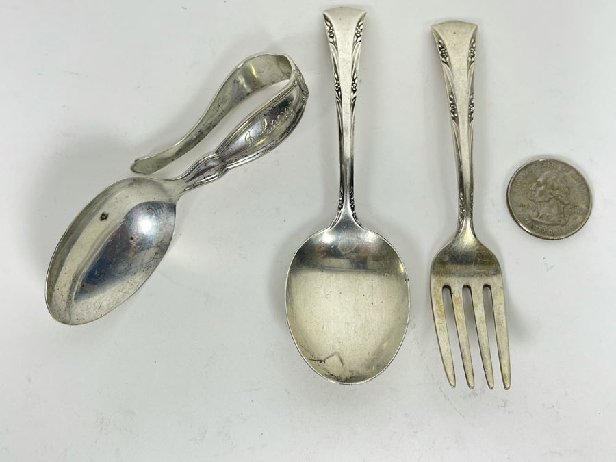 Vintage Child's Gorham Sterling Silver Spoon And Fork Set And Sterling Silver Spoon Engraved Johnny 61.4g [Photo 1]