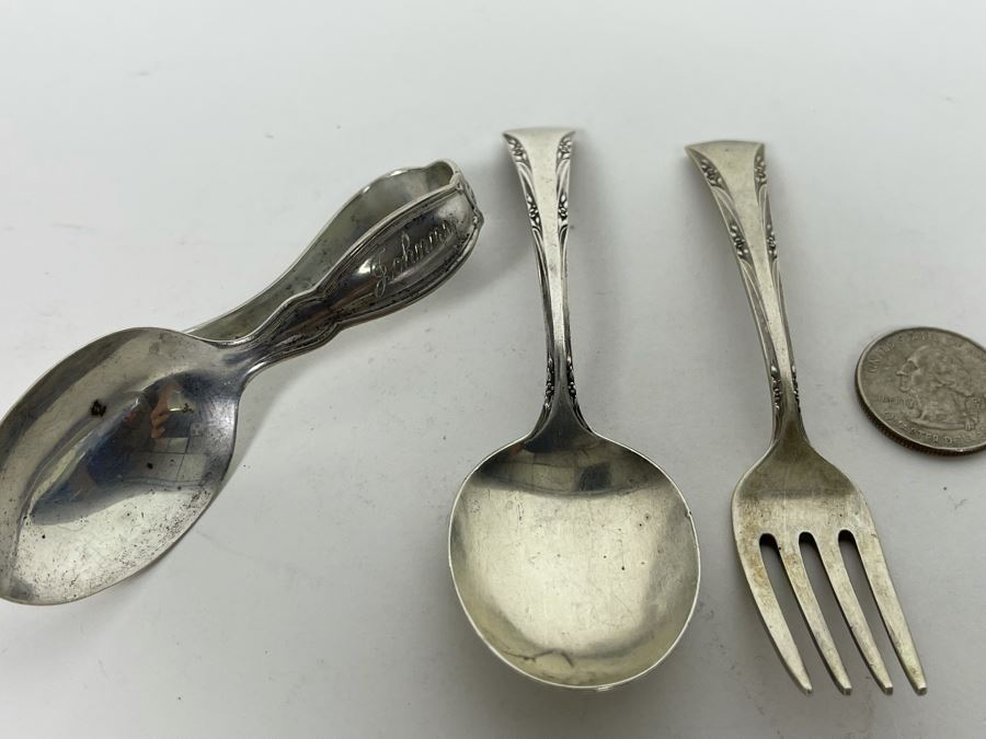 Vintage Child's Gorham Sterling Silver Spoon And Fork Set And Sterling Silver Spoon Engraved Johnny 61.4g [Photo 3]