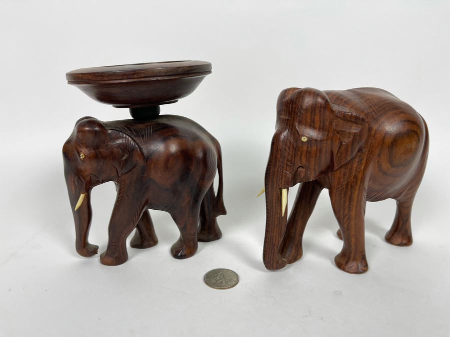 Pair Of Carved Wooden Elephants - One With Rotating Bowl 6W X 5H [Photo 2]