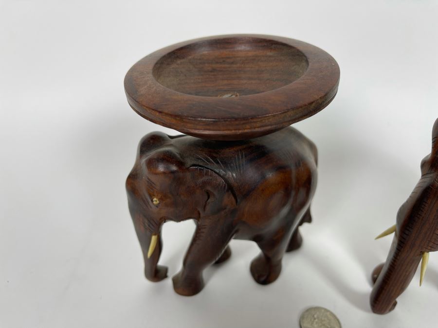 Pair Of Carved Wooden Elephants - One With Rotating Bowl 6W X 5H [Photo 5]