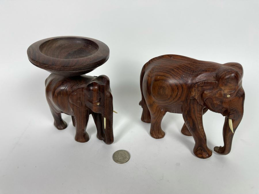 Pair Of Carved Wooden Elephants - One With Rotating Bowl 6W X 5H [Photo 7]