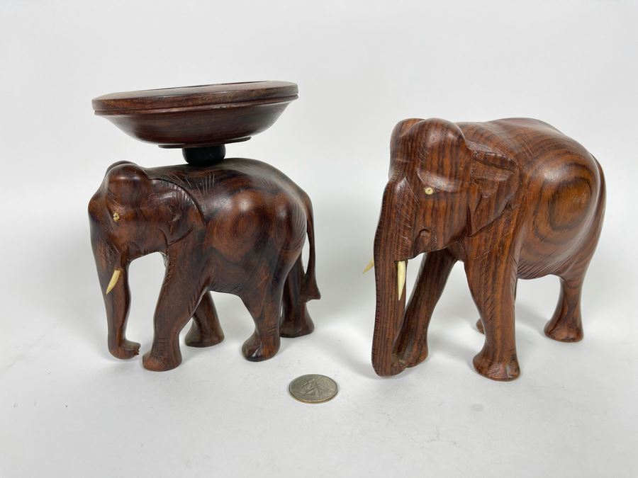 Pair Of Carved Wooden Elephants - One With Rotating Bowl 6W X 5H [Photo 1]