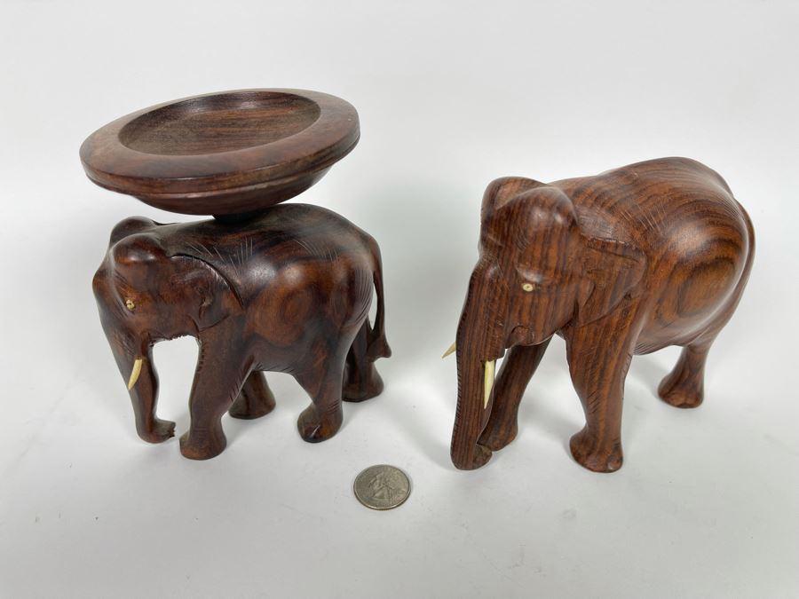 Pair Of Carved Wooden Elephants - One With Rotating Bowl 6W X 5H [Photo 3]