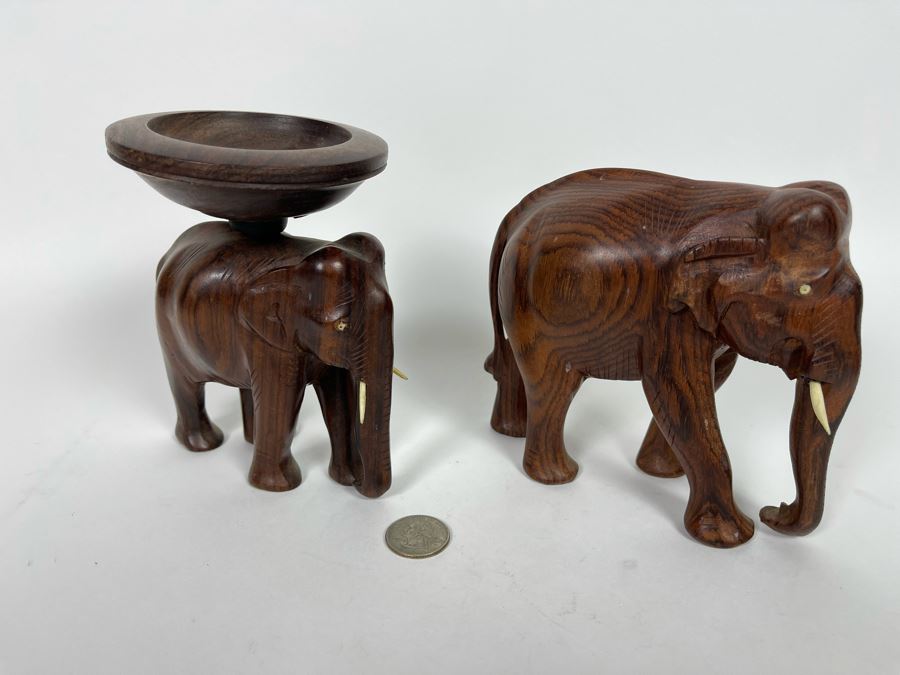 Pair Of Carved Wooden Elephants - One With Rotating Bowl 6W X 5H