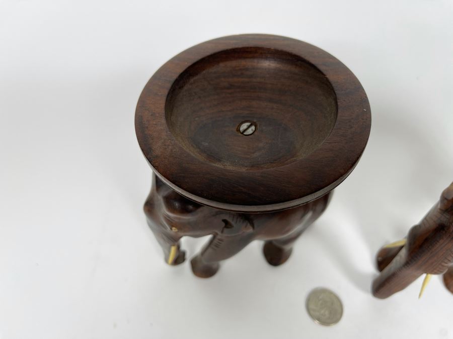 Pair Of Carved Wooden Elephants - One With Rotating Bowl 6W X 5H [Photo 4]