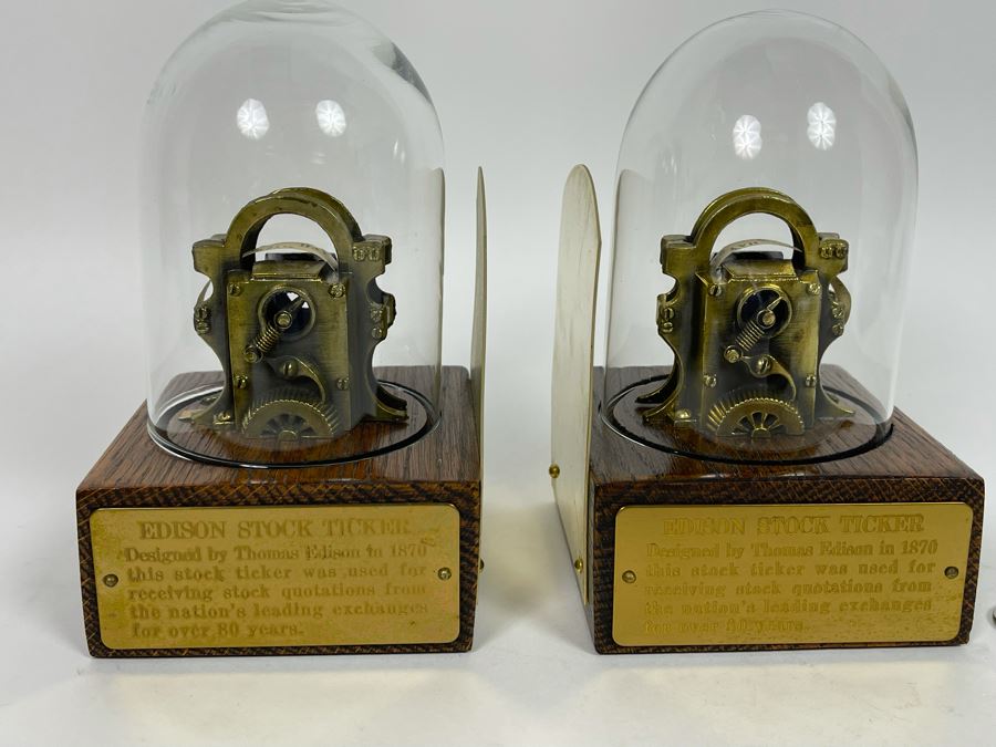 Pair Of Reproduction Edison Stock Ticker Replicas Bookends With Glass Domes 3.75W X 3.75D X 5.5H [Photo 3]