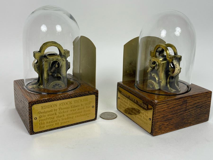 Pair Of Reproduction Edison Stock Ticker Replicas Bookends With Glass Domes 3.75W X 3.75D X 5.5H [Photo 2]