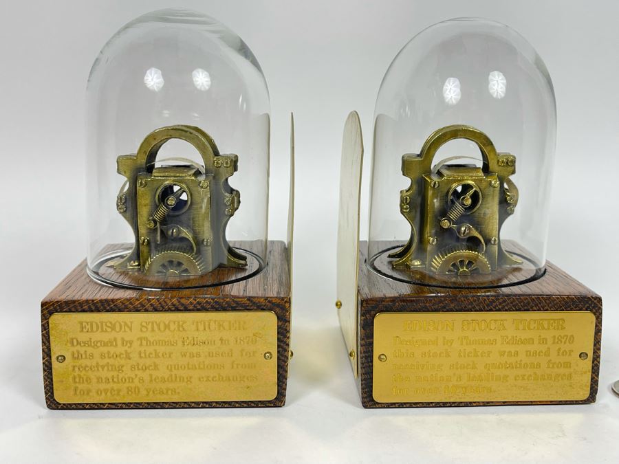 Pair Of Reproduction Edison Stock Ticker Replicas Bookends With Glass Domes 3.75W X 3.75D X 5.5H [Photo 4]