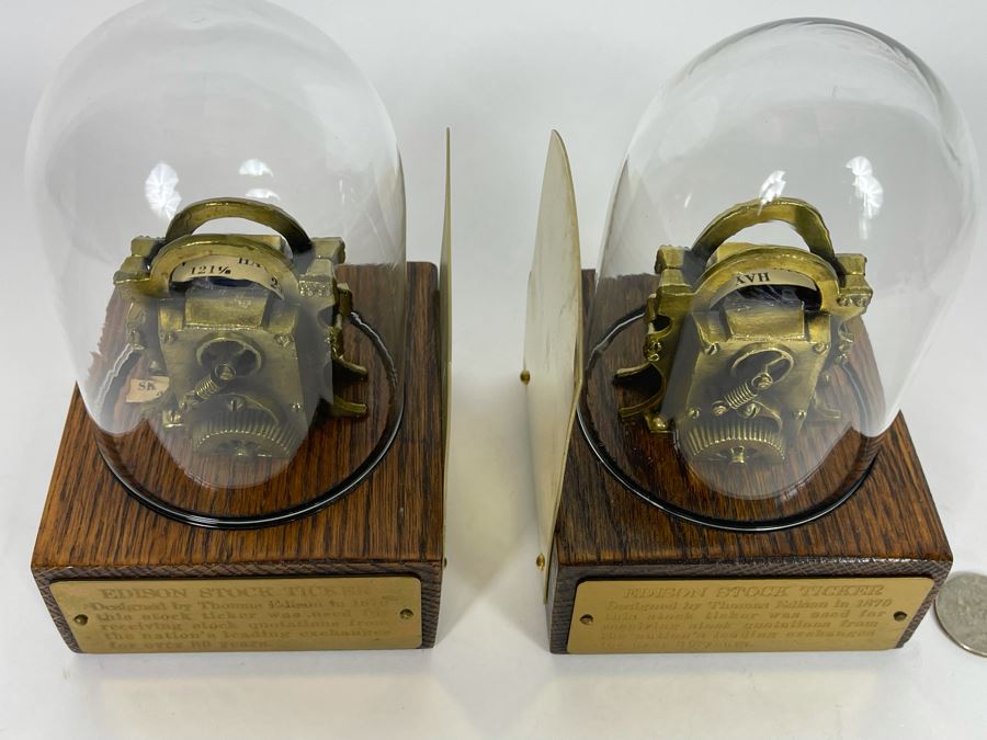 Pair Of Reproduction Edison Stock Ticker Replicas Bookends With Glass Domes 3.75W X 3.75D X 5.5H [Photo 5]