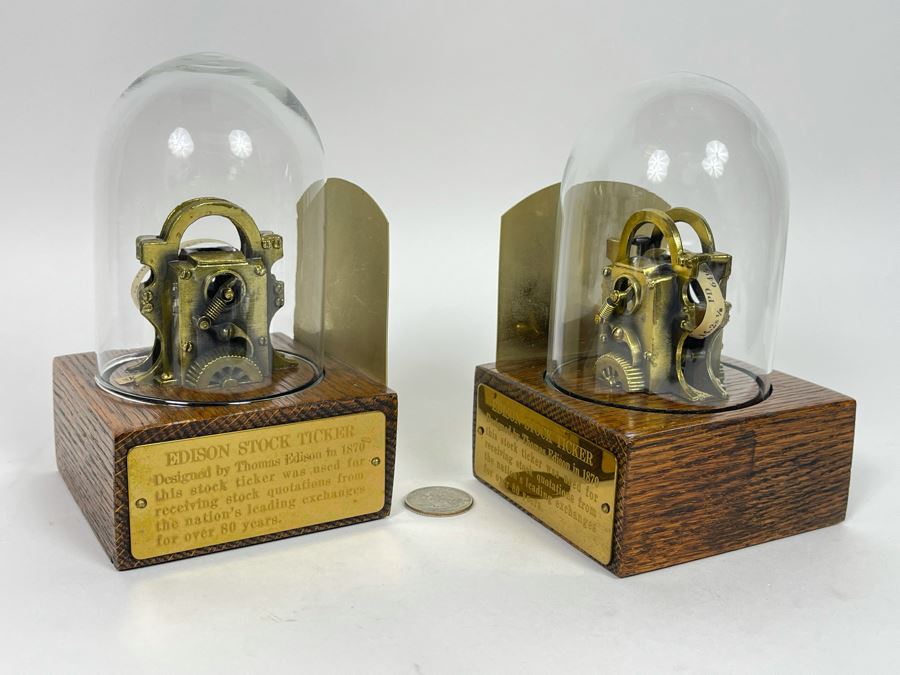 Pair Of Reproduction Edison Stock Ticker Replicas Bookends With Glass Domes 3.75W X 3.75D X 5.5H [Photo 1]