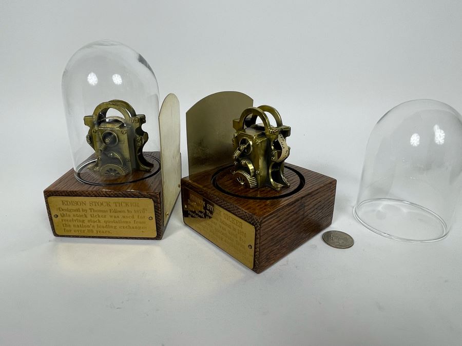 Pair Of Reproduction Edison Stock Ticker Replicas Bookends With Glass Domes 3.75W X 3.75D X 5.5H [Photo 7]