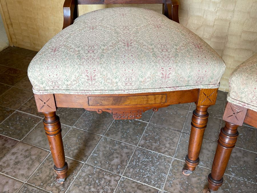 Pair Of Antique Eastlake Victorian Era Carved Wooden Side Chairs On Casters [Photo 8]