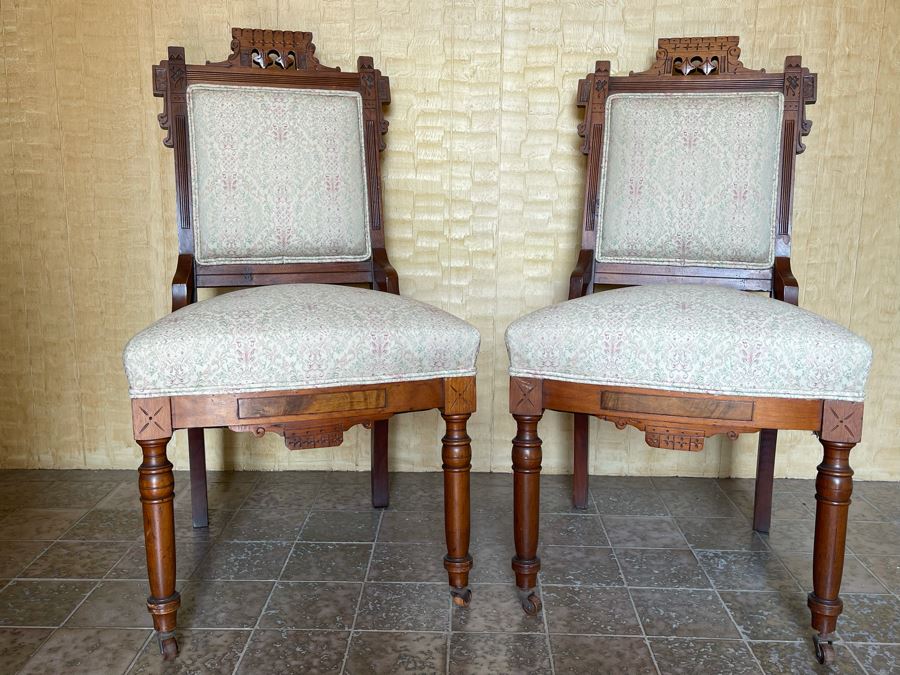 Pair Of Antique Eastlake Victorian Era Carved Wooden Side Chairs On Casters [Photo 3]