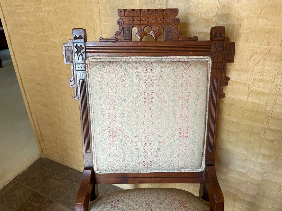 Pair Of Antique Eastlake Victorian Era Carved Wooden Side Chairs On Casters [Photo 6]