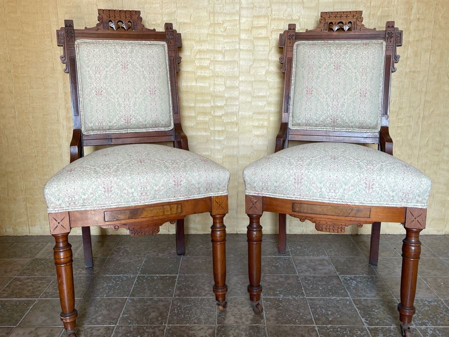 Pair Of Antique Eastlake Victorian Era Carved Wooden Side Chairs On Casters