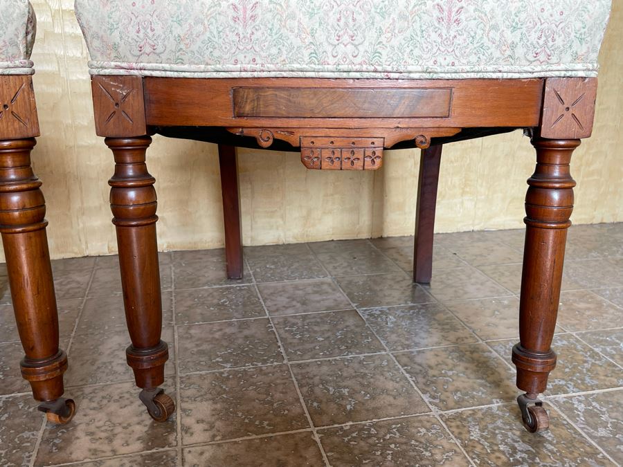 Pair Of Antique Eastlake Victorian Era Carved Wooden Side Chairs On Casters [Photo 5]