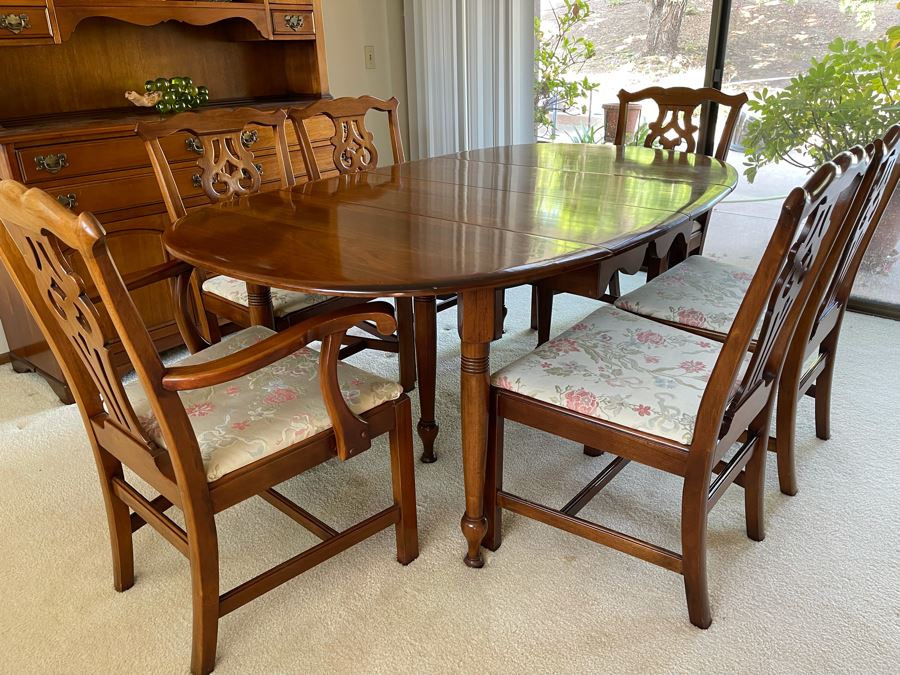 Mahagony Drop Leaf Dining Table With Six Chairs And Matching Mahagony China Cabinet - Comes With Extra Leaf - Made By Unique Furniture Makers [Photo 1]