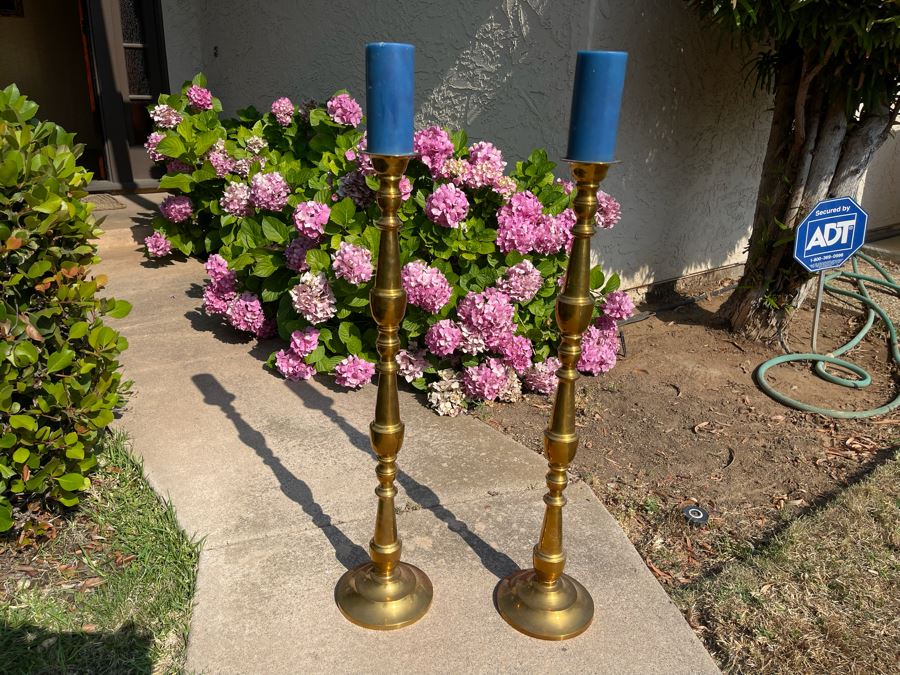 Pair Of Brass Floor Standing Altar Candlesticks Candle Holders [Photo 3]