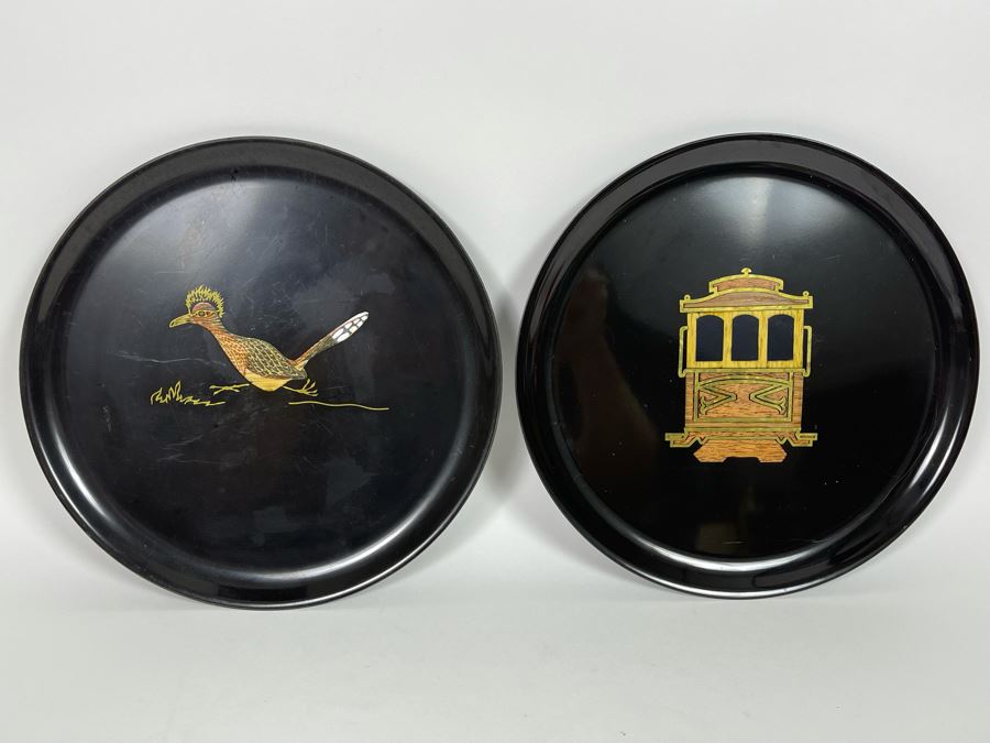 JUST ADDED - Pair Of Couroc Monterey CA Inlaid 10.5R Trays Cable Car And Bird
