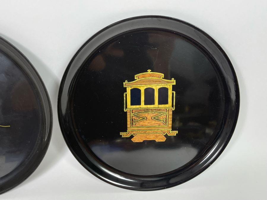 JUST ADDED - Pair Of Couroc Monterey CA Inlaid 10.5R Trays Cable Car And Bird [Photo 3]