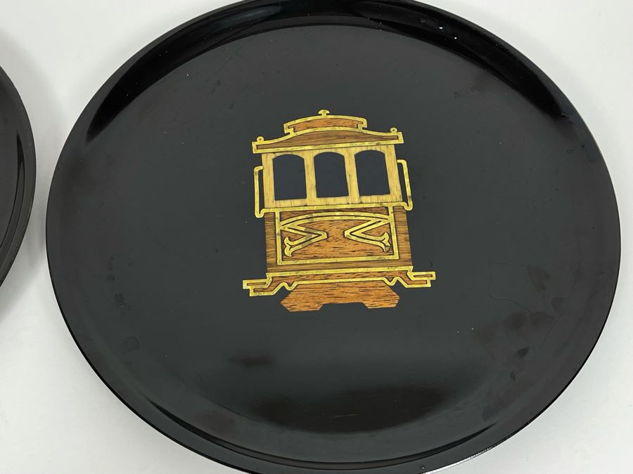JUST ADDED - Pair Of Couroc Monterey CA Inlaid 10.5R Trays Cable Car And Bird [Photo 6]