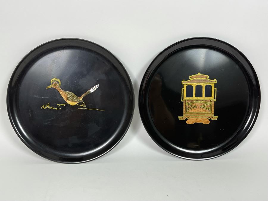 JUST ADDED - Pair Of Couroc Monterey CA Inlaid 10.5R Trays Cable Car And Bird [Photo 2]