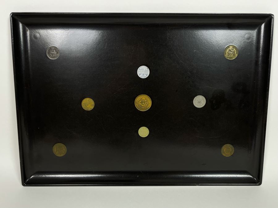 JUST ADDED - Couroc Monterey CA Tray With Vintage Foreign Coins 18 X 12