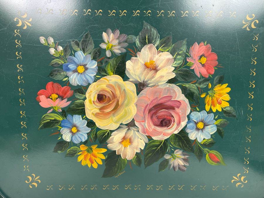 JUST ADDED - Large Hand Painted Metal Tray From England Signed Joy M. Barlow 20 X 15 [Photo 4]