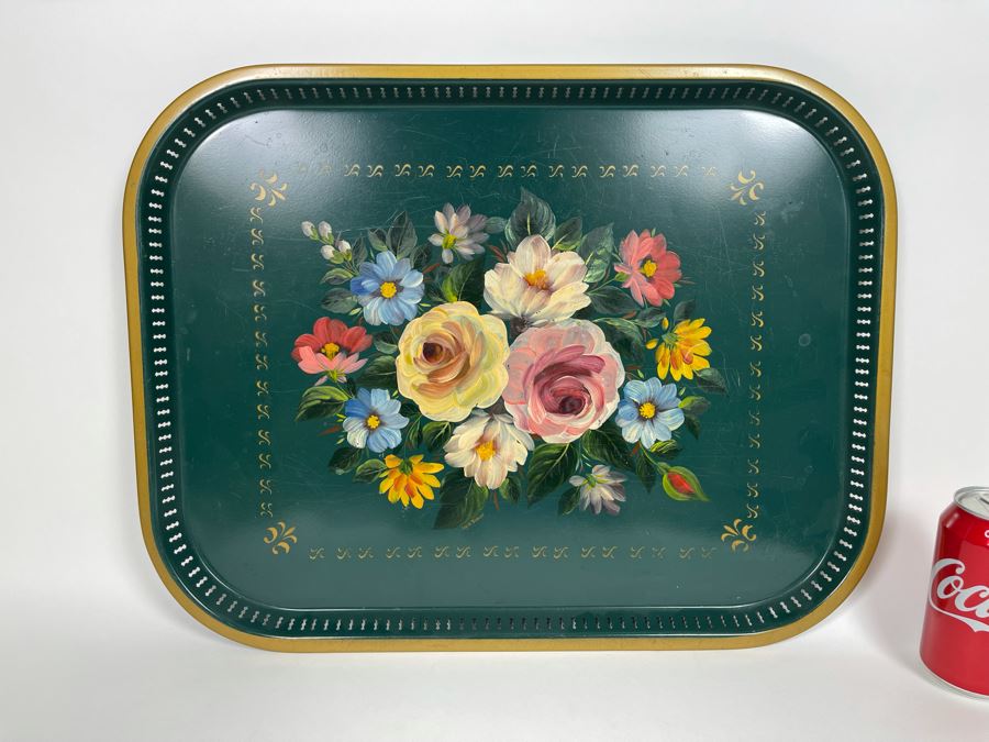 JUST ADDED - Large Hand Painted Metal Tray From England Signed Joy M. Barlow 20 X 15