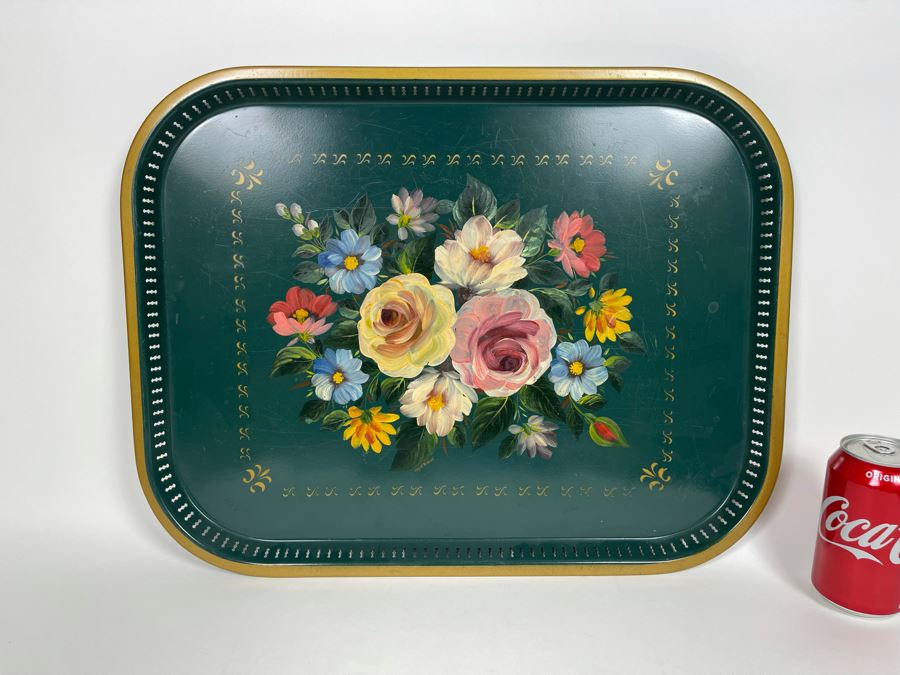 JUST ADDED - Large Hand Painted Metal Tray From England Signed Joy M. Barlow 20 X 15 [Photo 2]