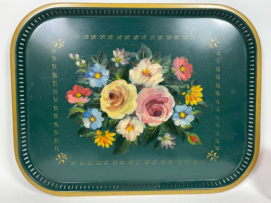 JUST ADDED - Large Hand Painted Metal Tray From England Signed Joy M. Barlow 20 X 15 [Photo 3]