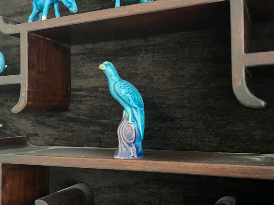 Chinese Carved Rosewood Glass Front Display Wall Curio Cabinet Lockable With Key And Collection Of Chinese Blue Porcelain Animal Figurines [Photo 7]