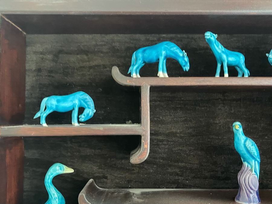 Chinese Carved Rosewood Glass Front Display Wall Curio Cabinet Lockable With Key And Collection Of Chinese Blue Porcelain Animal Figurines [Photo 9]