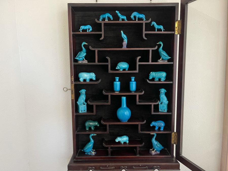 Chinese Carved Rosewood Glass Front Display Wall Curio Cabinet Lockable With Key And Collection Of Chinese Blue Porcelain Animal Figurines [Photo 2]