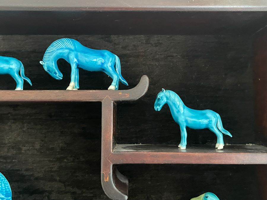 Chinese Carved Rosewood Glass Front Display Wall Curio Cabinet Lockable With Key And Collection Of Chinese Blue Porcelain Animal Figurines [Photo 8]