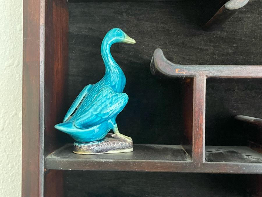 Chinese Carved Rosewood Glass Front Display Wall Curio Cabinet Lockable With Key And Collection Of Chinese Blue Porcelain Animal Figurines [Photo 10]