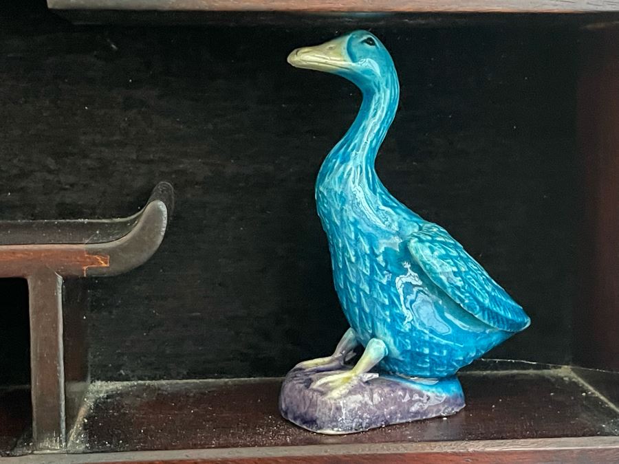 Chinese Carved Rosewood Glass Front Display Wall Curio Cabinet Lockable With Key And Collection Of Chinese Blue Porcelain Animal Figurines [Photo 15]
