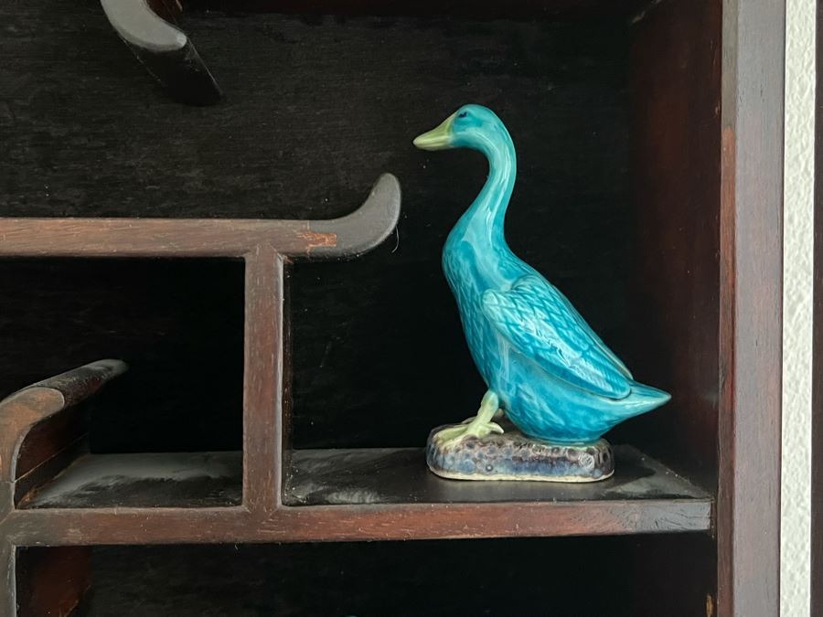 Chinese Carved Rosewood Glass Front Display Wall Curio Cabinet Lockable With Key And Collection Of Chinese Blue Porcelain Animal Figurines [Photo 6]